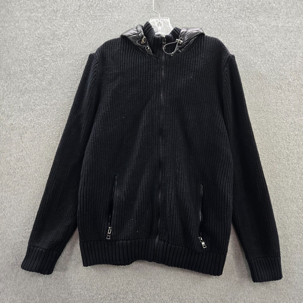 INC International Concepts Women Jacket Medium Black Puffer Hoodie Full Zip Knit